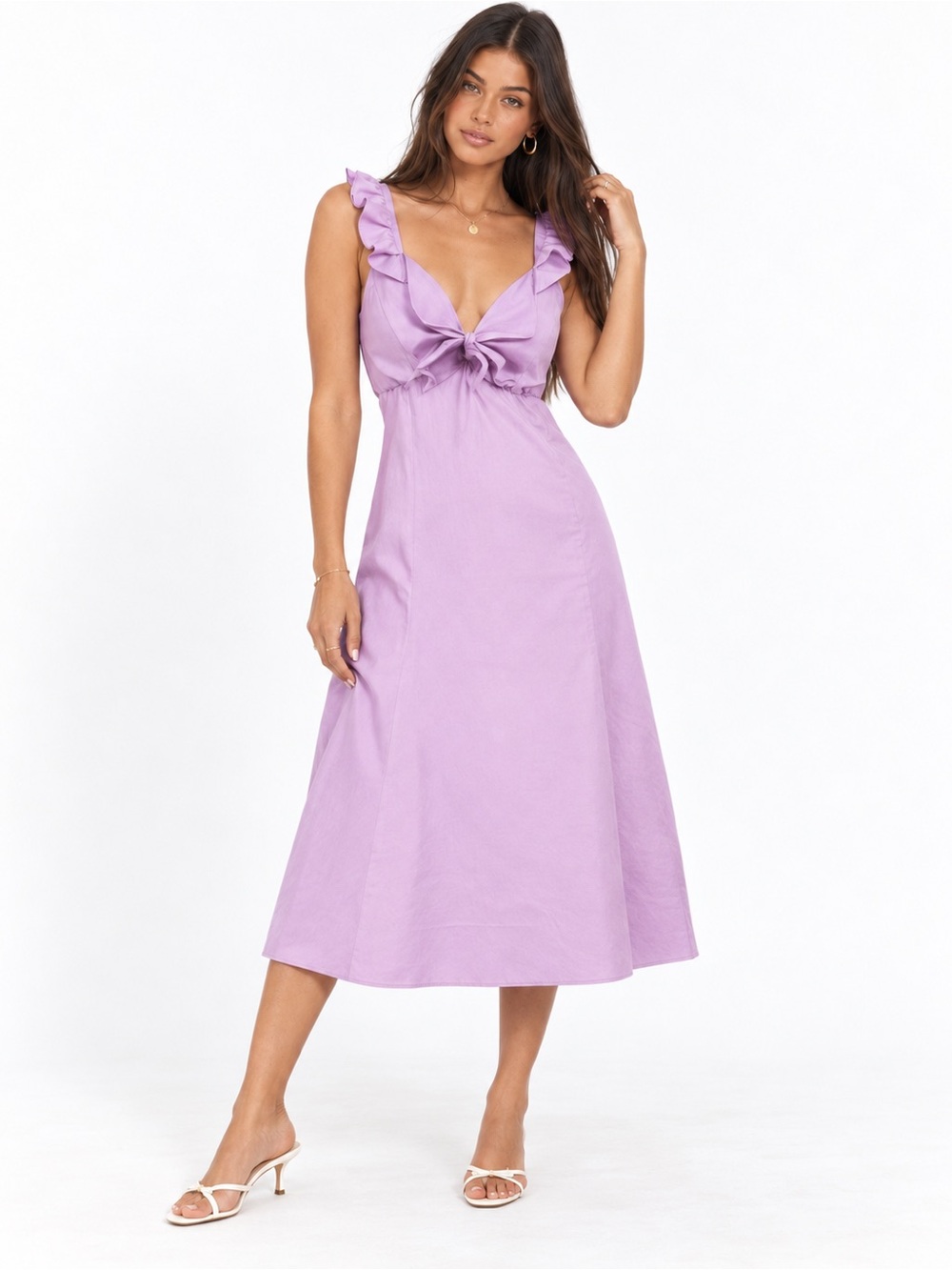 DREW XS Lilac Bow Tie Midi Dress Wedding Guest Kawaii Pastel Romantic Fairy